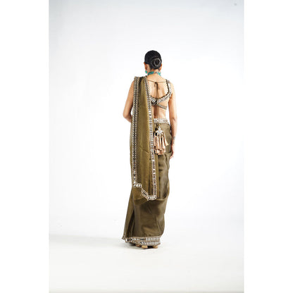 Vvani by Vani Vats Olive Green Mirror Work Saree & Stitched Blouse
