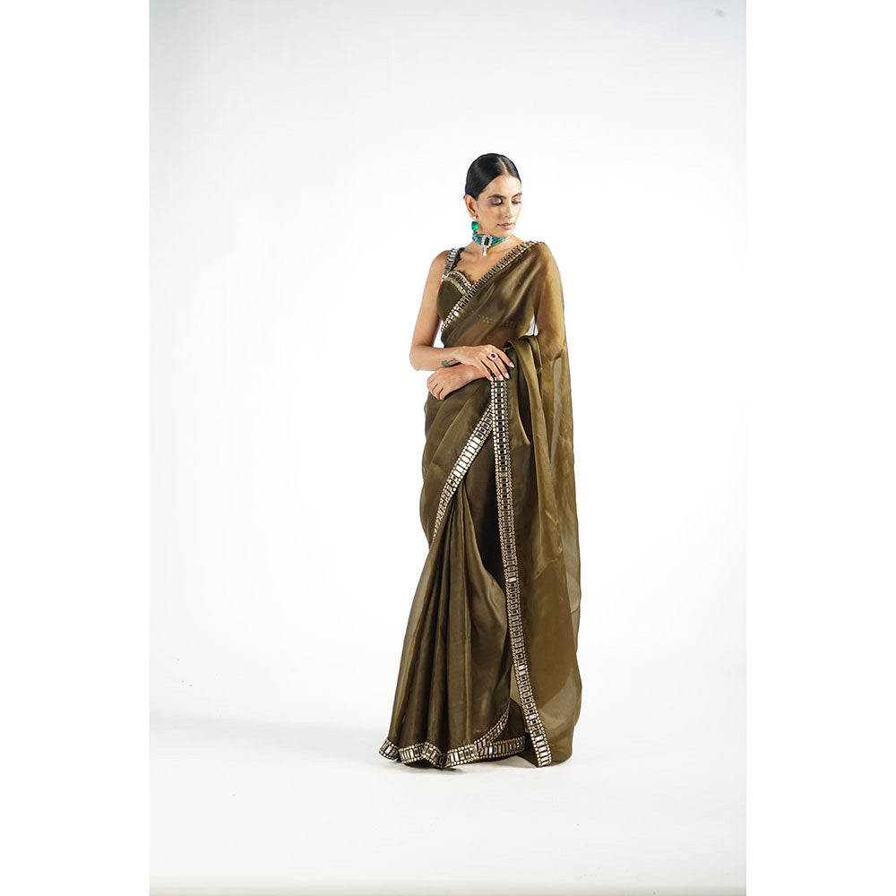 Vvani by Vani Vats Olive Green Mirror Work Saree & Stitched Blouse