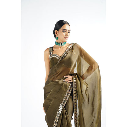 Vvani by Vani Vats Olive Green Mirror Work Saree & Stitched Blouse