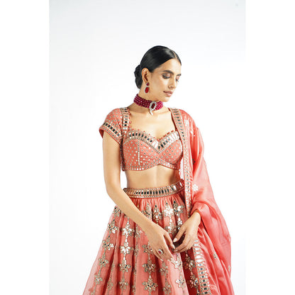 Vvani by Vani Vats Mellow Rose Chandelier Drop Blouse with Lehenga & Dupatta (Set of 3)