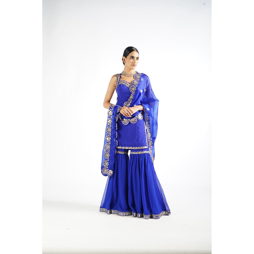 Vvani by Vani Vats Royal Blue Georgette Sharara (Set of 3)