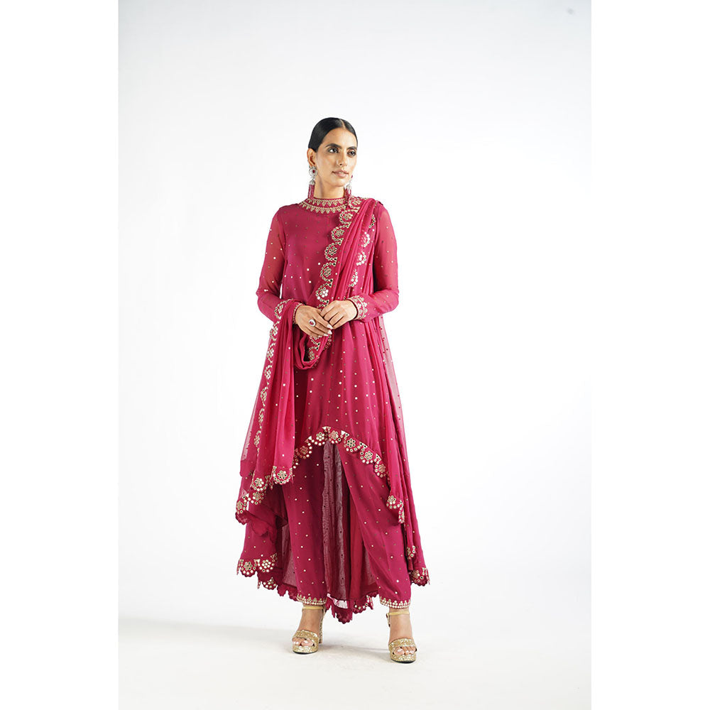 Vvani by Vani Vats Mellow Maroon Scallop Kurta & Pant with Dupatta (Set of 3)
