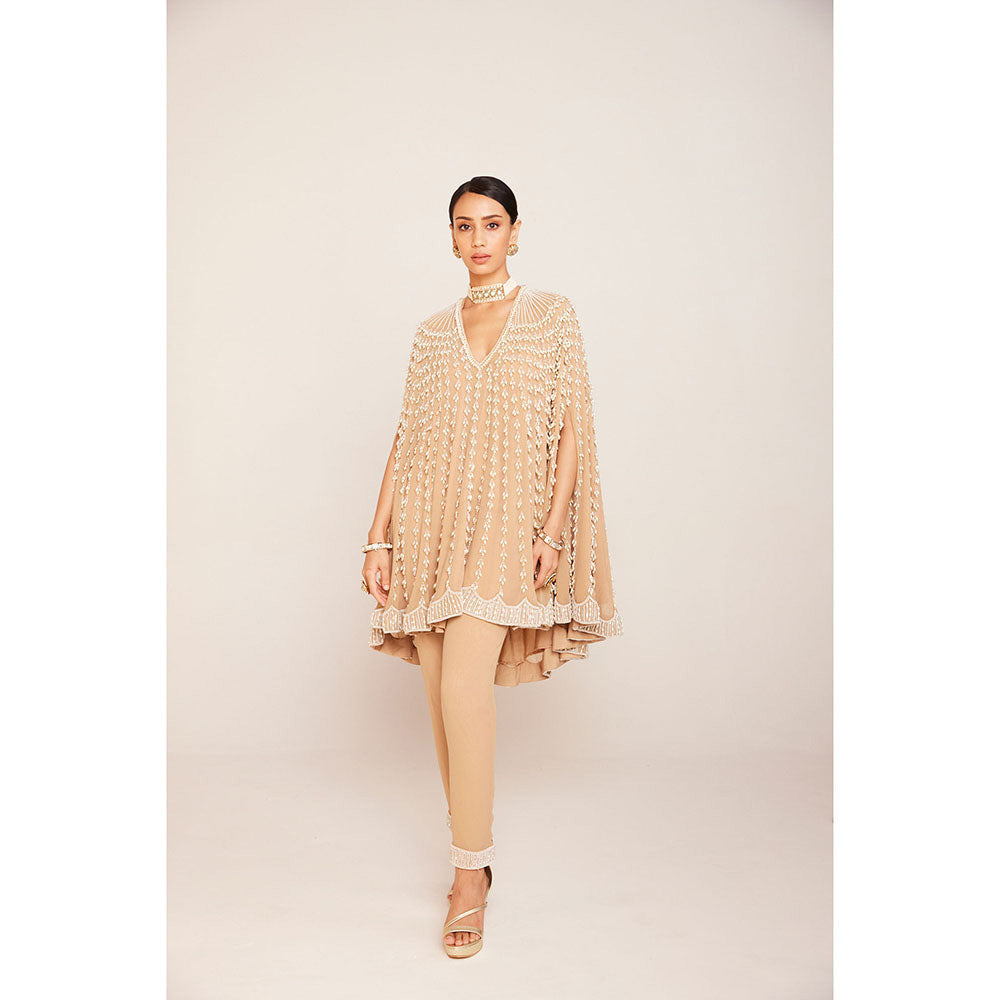 Vvani by Vani Vats Pearl Embellished Beige Asymmetrical Cape Paired with Pant (Set of 2)