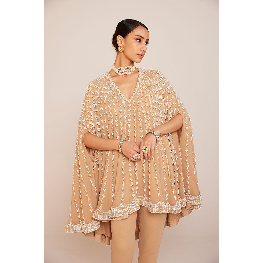 Vvani by Vani Vats Pearl Embellished Beige Asymmetrical Cape Paired with Pant (Set of 2)