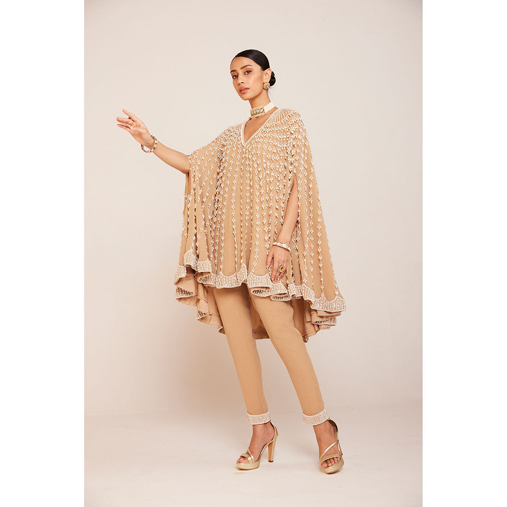 Vvani by Vani Vats Pearl Embellished Beige Asymmetrical Cape Paired with Pant (Set of 2)