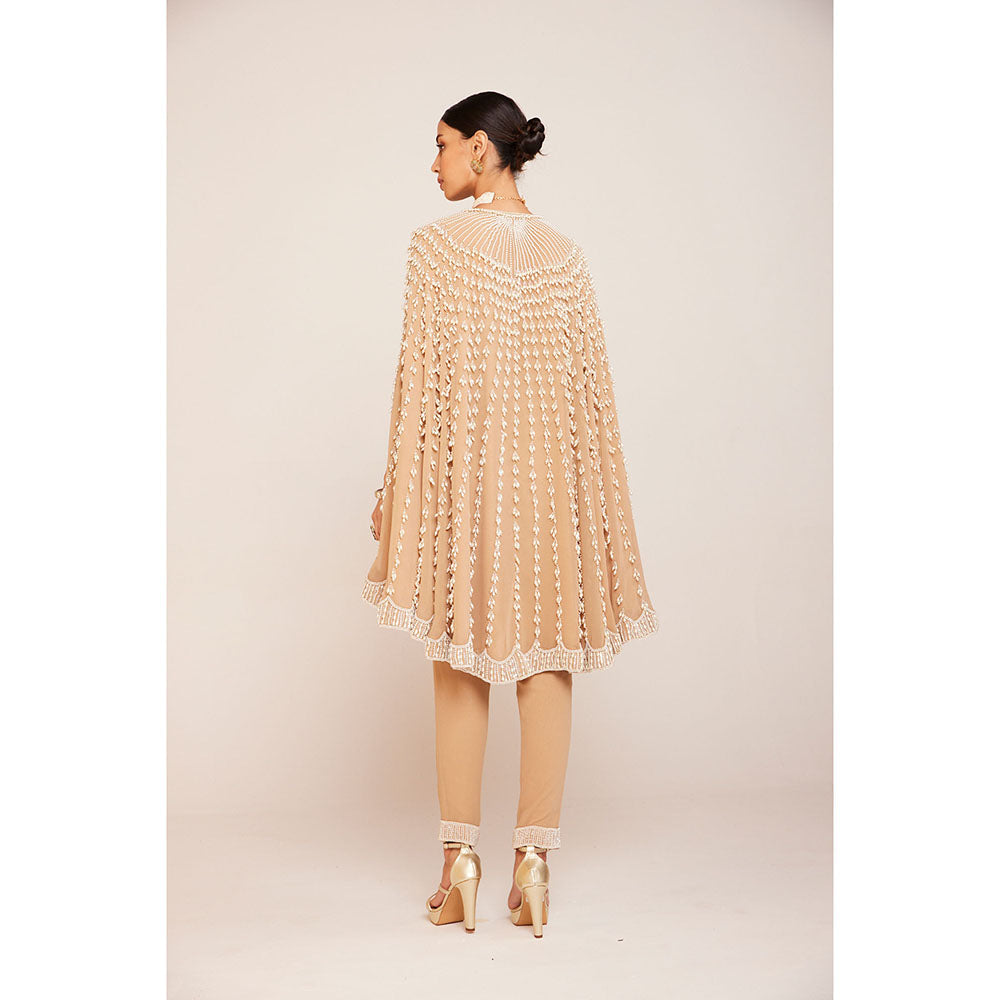 Vvani by Vani Vats Pearl Embellished Beige Asymmetrical Cape Paired with Pant (Set of 2)