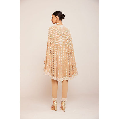 Vvani by Vani Vats Pearl Embellished Beige Asymmetrical Cape Paired with Pant (Set of 2)