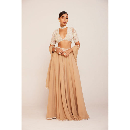 Vvani by Vani Vats Pearl Embellished Blouse with Lehenga Palazzo And Dupatta (Set of 3)