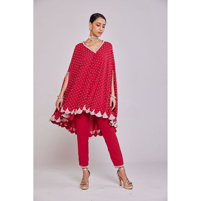 Vvani by Vani Vats Pearl Embellished Crimson Red Asymmetrical Cape Paired with Pant (Set of 2)