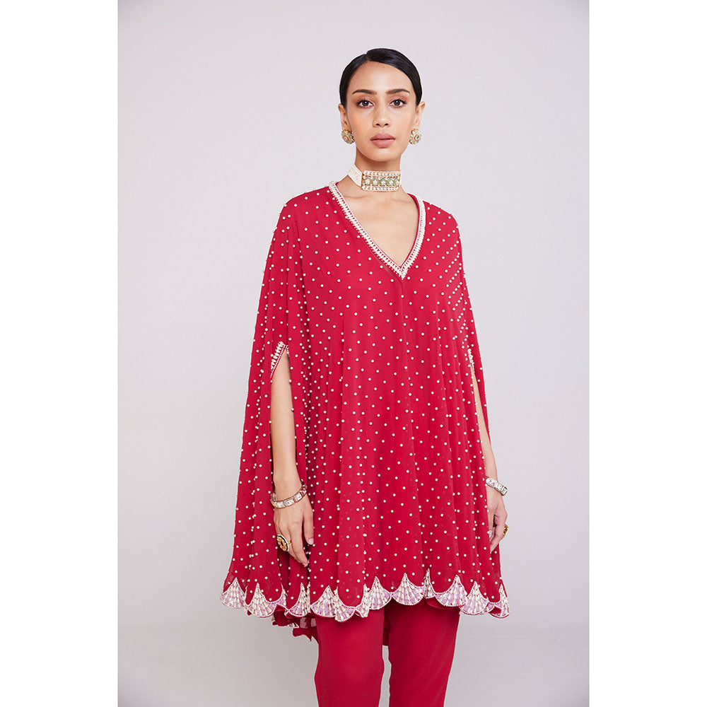 Vvani by Vani Vats Pearl Embellished Crimson Red Asymmetrical Cape Paired with Pant (Set of 2)