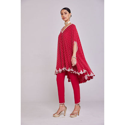 Vvani by Vani Vats Pearl Embellished Crimson Red Asymmetrical Cape Paired with Pant (Set of 2)