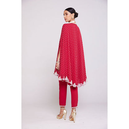 Vvani by Vani Vats Pearl Embellished Crimson Red Asymmetrical Cape Paired with Pant (Set of 2)
