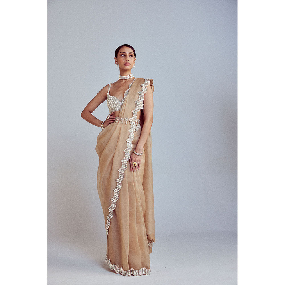 Vvani by Vani Vats Beige Pearl Embellished Saree with Blouse and Belt