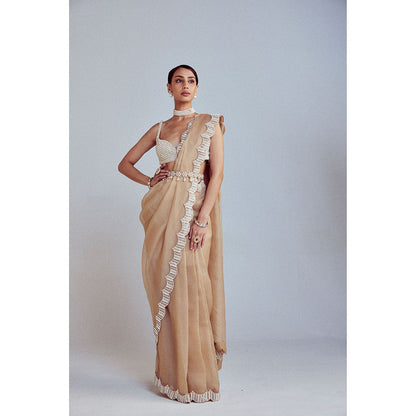 Vvani by Vani Vats Beige Pearl Embellished Saree with Blouse and Belt