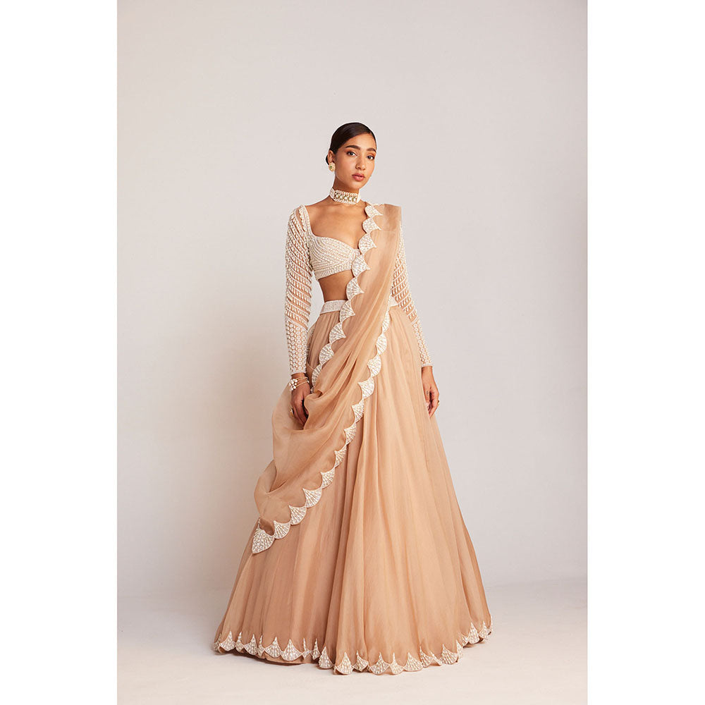 Vvani by Vani Vats Beige Pearl Embellished Lehenga with Blouse & Dupatta (Set of 3)