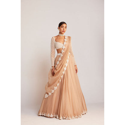 Vvani by Vani Vats Beige Pearl Embellished Lehenga with Blouse & Dupatta (Set of 3)