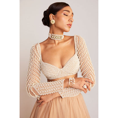 Vvani by Vani Vats Beige Pearl Embellished Lehenga with Blouse & Dupatta (Set of 3)