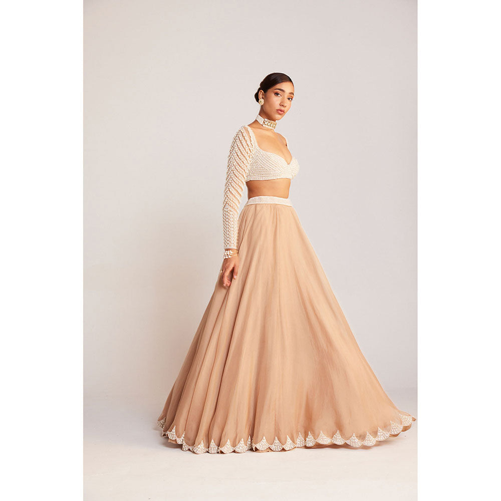 Vvani by Vani Vats Beige Pearl Embellished Lehenga with Blouse & Dupatta (Set of 3)