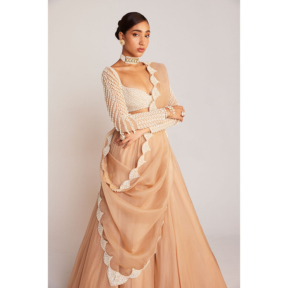 Vvani by Vani Vats Beige Pearl Embellished Lehenga with Blouse & Dupatta (Set of 3)