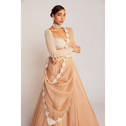 Vvani by Vani Vats Beige Pearl Embellished Lehenga with Blouse & Dupatta (Set of 3)