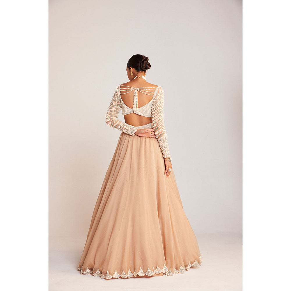 Vvani by Vani Vats Beige Pearl Embellished Lehenga with Blouse & Dupatta (Set of 3)