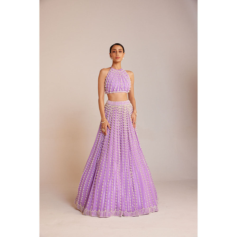 Vvani by Vani Vats Lilac Chandelier Skirt Paired with Halter Neck Drop Crop Top (Set of 2)