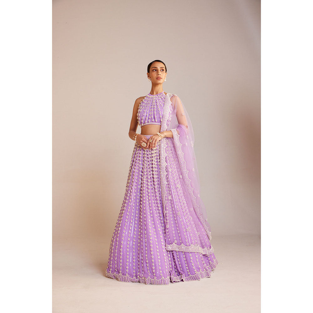 Vvani by Vani Vats Lilac Chandelier Pearl Lehenga Paired with Blouse & Dupatta (Set of 3)