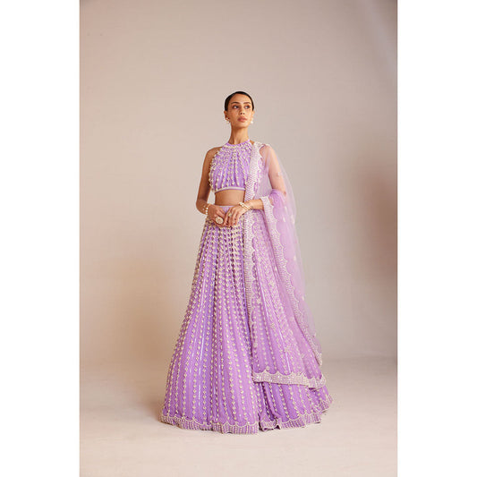 Vvani by Vani Vats Lilac Chandelier Pearl Lehenga Paired with Blouse & Dupatta (Set of 3)