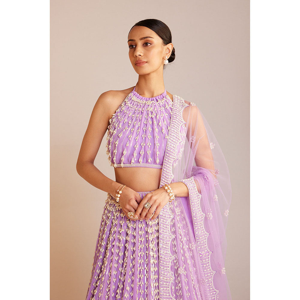 Vvani by Vani Vats Lilac Chandelier Pearl Lehenga Paired with Blouse & Dupatta (Set of 3)