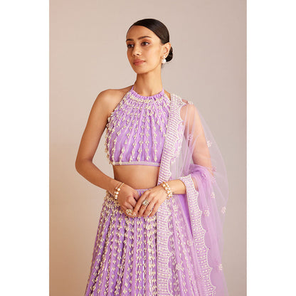Vvani by Vani Vats Lilac Chandelier Pearl Lehenga Paired with Blouse & Dupatta (Set of 3)
