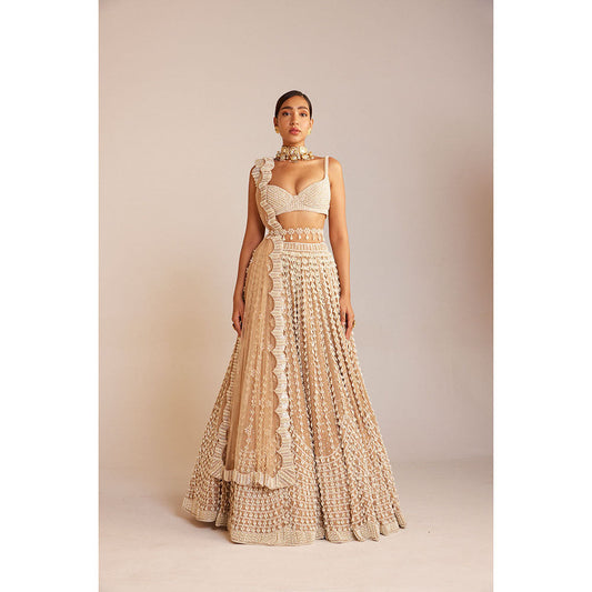 Vvani by Vani Vats Beige Chandelier Pearl Lehenga with Blouse, Dupatta & Belt (Set of 4)