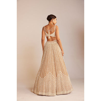 Vvani by Vani Vats Beige Chandelier Pearl Lehenga with Blouse, Dupatta & Belt (Set of 4)