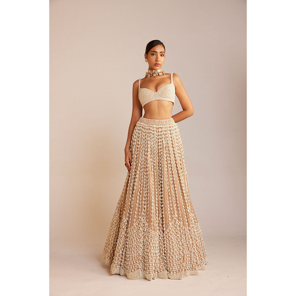 Vvani by Vani Vats Beige Chandelier Pearl Lehenga with Blouse, Dupatta & Belt (Set of 4)