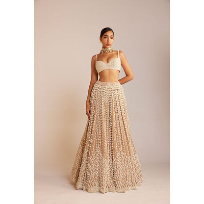 Vvani by Vani Vats Beige Chandelier Pearl Lehenga with Blouse, Dupatta & Belt (Set of 4)