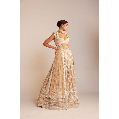 Vvani by Vani Vats Beige Chandelier Pearl Lehenga with Blouse, Dupatta & Belt (Set of 4)