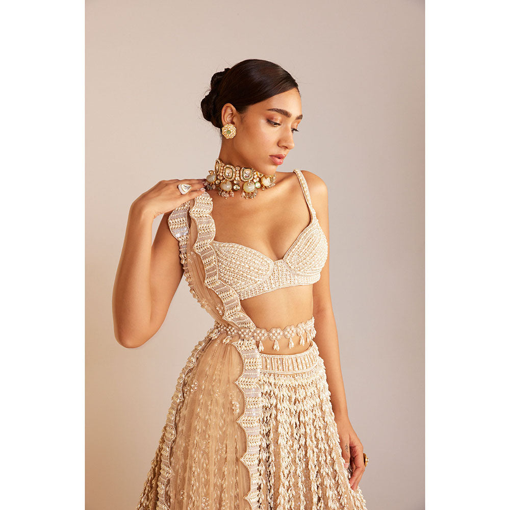 Vvani by Vani Vats Beige Chandelier Pearl Lehenga with Blouse, Dupatta & Belt (Set of 4)