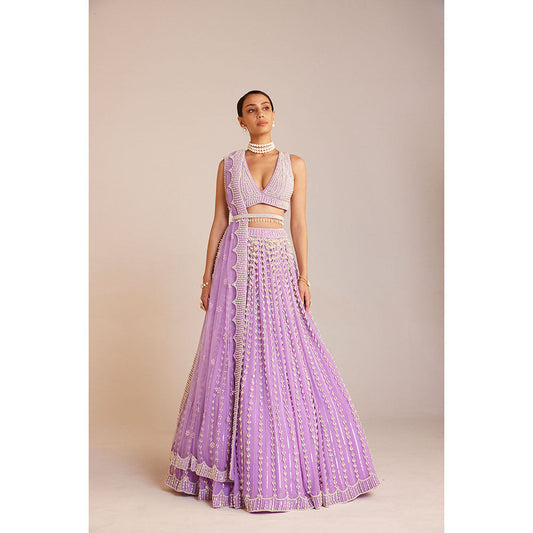 Vvani by Vani Vats Lilac Chandelier Pearl Lehenga with Pearl Blouse, Dupatta & Belt (Set of 4)