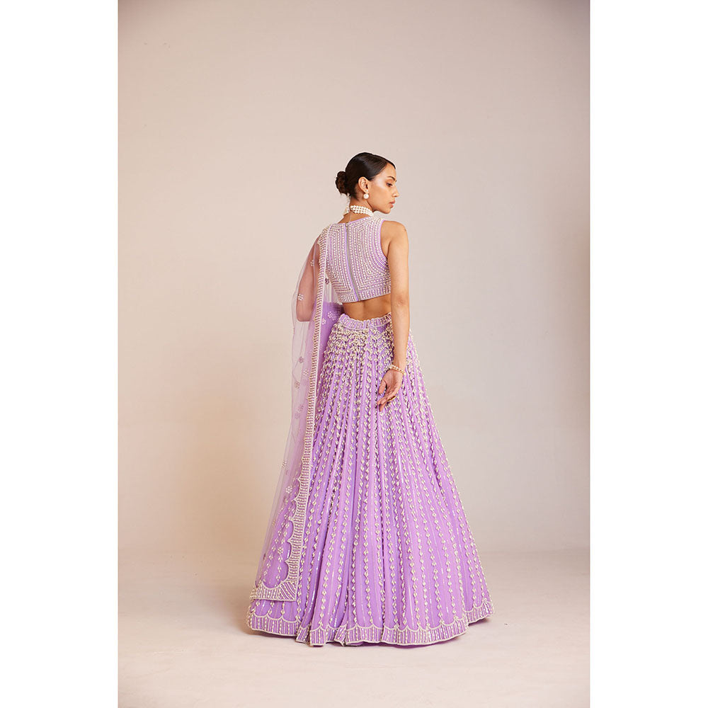 Vvani by Vani Vats Lilac Chandelier Pearl Lehenga with Pearl Blouse, Dupatta & Belt (Set of 4)
