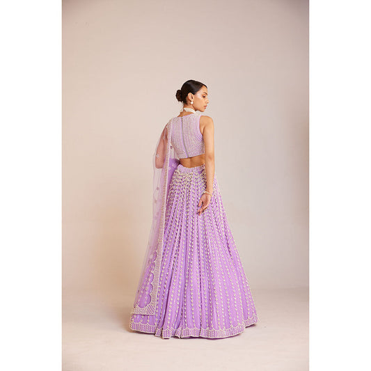 Vvani by Vani Vats Lilac Chandelier Pearl Lehenga with Pearl Blouse, Dupatta & Belt (Set of 4)