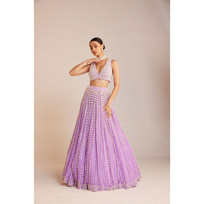 Vvani by Vani Vats Lilac Chandelier Pearl Lehenga with Pearl Blouse, Dupatta & Belt (Set of 4)