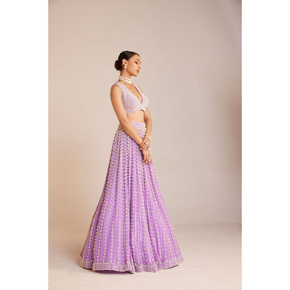 Vvani by Vani Vats Lilac Chandelier Pearl Lehenga with Pearl Blouse, Dupatta & Belt (Set of 4)