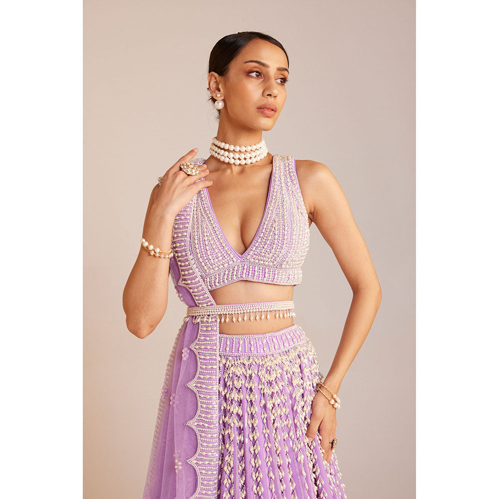 Vvani by Vani Vats Lilac Chandelier Pearl Lehenga with Pearl Blouse, Dupatta & Belt (Set of 4)