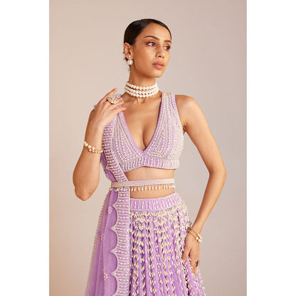 Vvani by Vani Vats Lilac Chandelier Pearl Lehenga with Pearl Blouse, Dupatta & Belt (Set of 4)