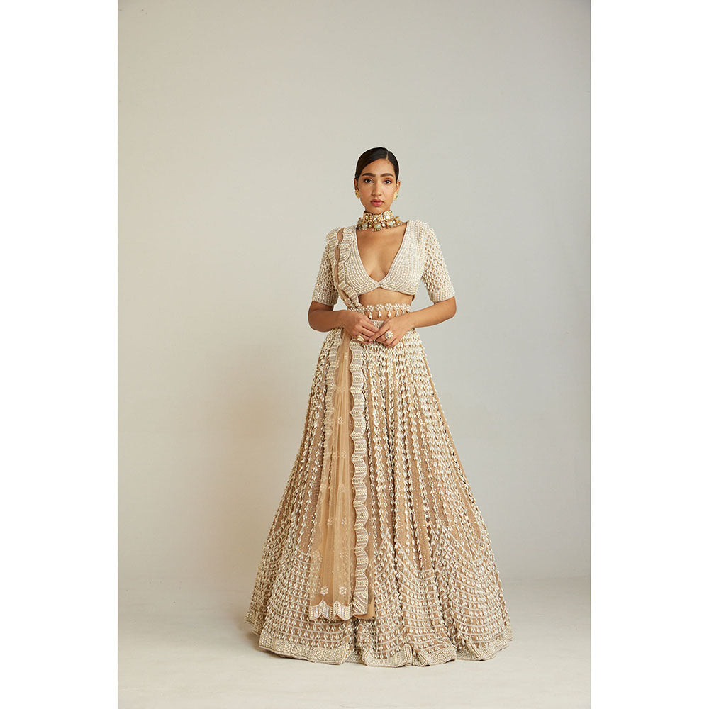 Vvani by Vani Vats Beige Chandelier Pearl Lehenga with Pearl Blouse, Dupatta & Belt (Set of 4)