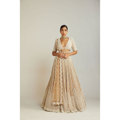 Vvani by Vani Vats Beige Chandelier Pearl Lehenga with Pearl Blouse, Dupatta & Belt (Set of 4)