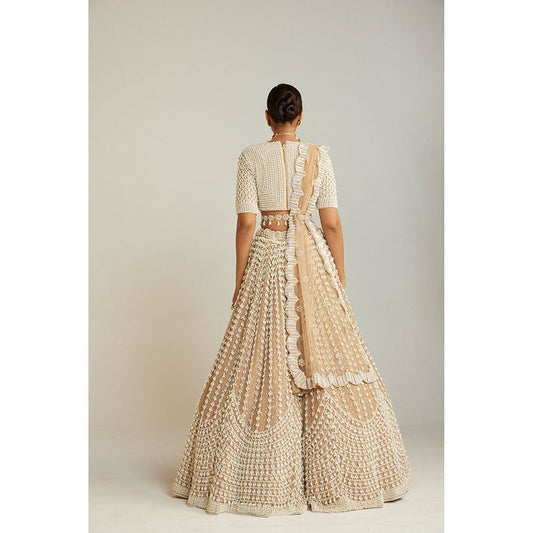 Vvani by Vani Vats Beige Chandelier Pearl Lehenga with Pearl Blouse, Dupatta & Belt (Set of 4)