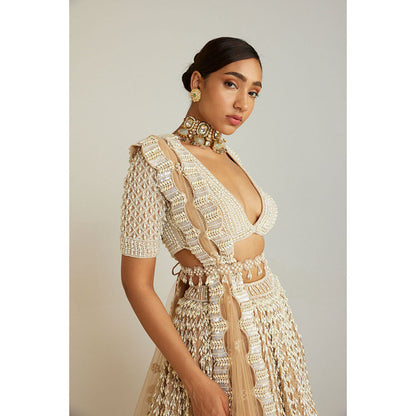 Vvani by Vani Vats Beige Chandelier Pearl Lehenga with Pearl Blouse, Dupatta & Belt (Set of 4)