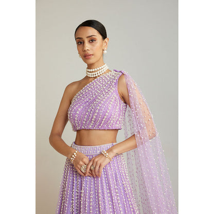 Vvani by Vani Vats Lilac Pearl Embellished Lehenga with Blouse & Trail (Set of 3)