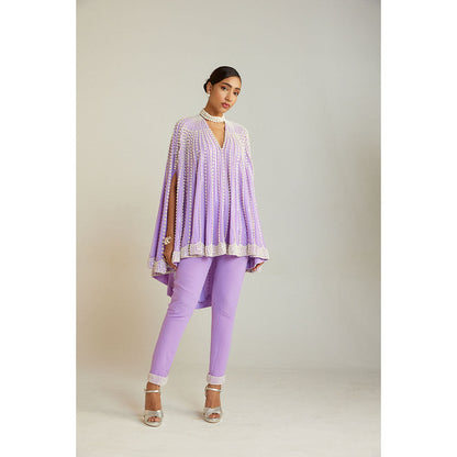 Vvani by Vani Vats Pearl Embellished Lilac Asymmetrical Cape Paired with Pant (Set of 2)