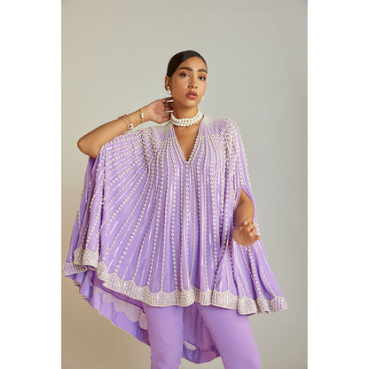 Vvani by Vani Vats Pearl Embellished Lilac Asymmetrical Cape Paired with Pant (Set of 2)